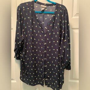 Catherines Navy Blouse with Yellow Lemons – 2X-button down – ¾ sleeve